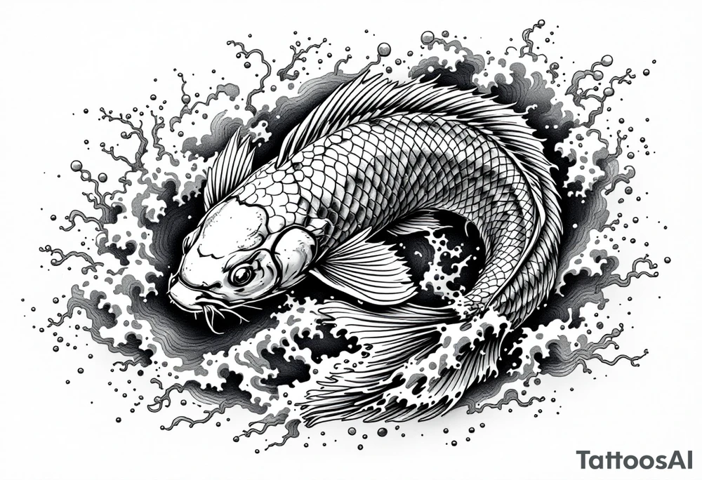 traditional koi fish swimming upstream through turbulent waves tattoo idea