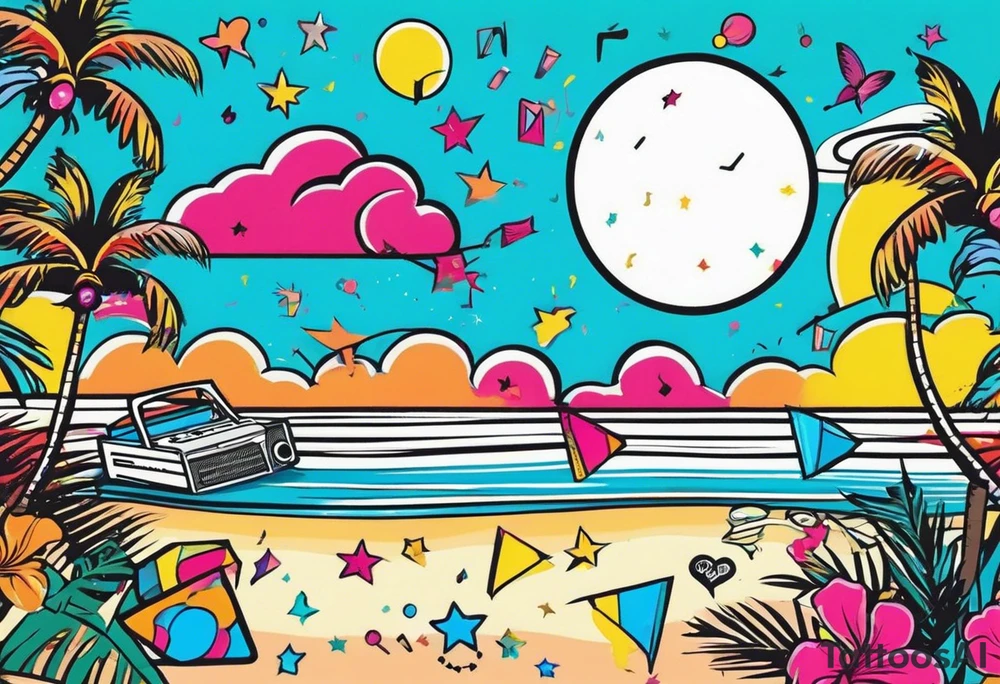 1980's miami vice style beach dance 
party, include confetti, music notes, boom box, bikinis sunset in the center tattoo idea