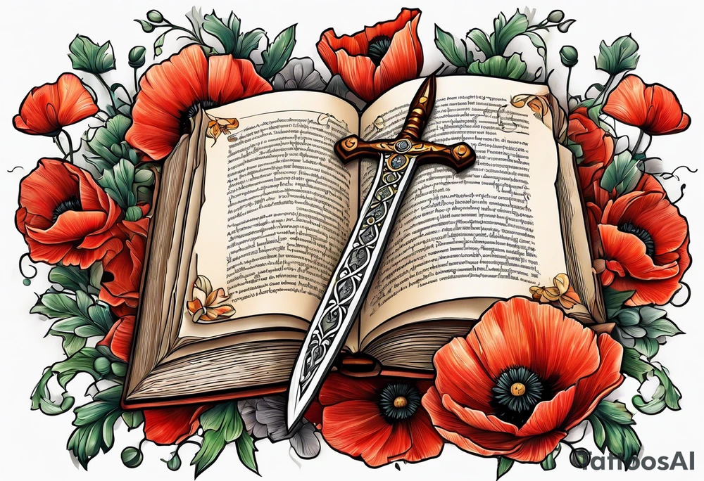 A dagger through a book surrounded by poppy flowers tattoo idea