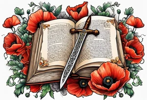 A dagger through a book surrounded by poppy flowers tattoo idea
