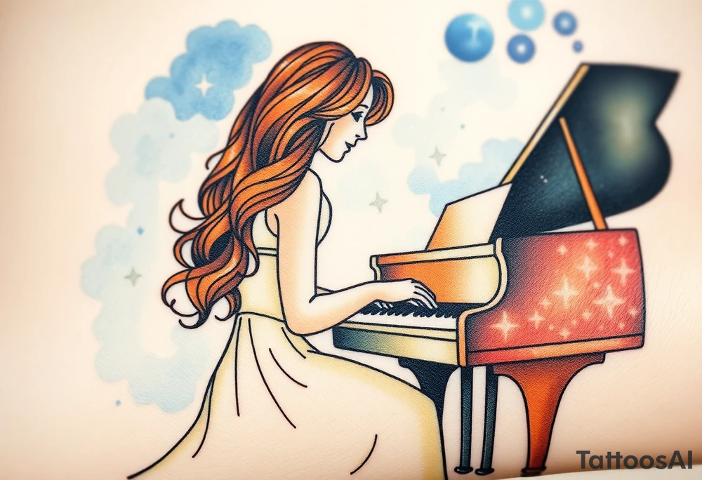 Woman with wavy brown hair playing a grand piano under the stars swirl tattoo idea