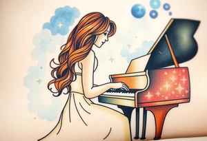 Woman with wavy brown hair playing a grand piano under the stars swirl tattoo idea