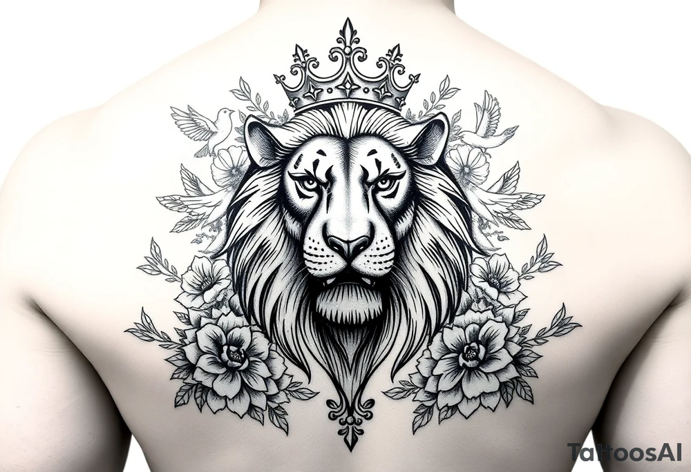 powerful majestic lion with a crown, surrounded by floral ornaments and birds tattoo idea