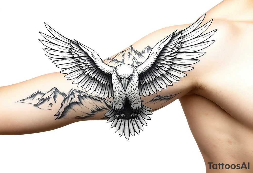 majestic eagle spreading wings against mountain peaks tattoo idea