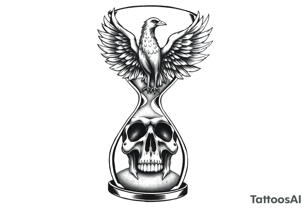 A cracked hourglass with the sands forming a skull below and a phoenix rising from the top. tattoo idea