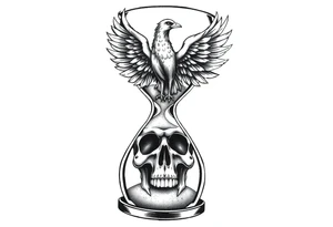 A cracked hourglass with the sands forming a skull below and a phoenix rising from the top. tattoo idea