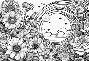 Roses, marigolds, cosmos, daisies, sweet peas and sunflowers vines long lines  sun and moon tattoo idea