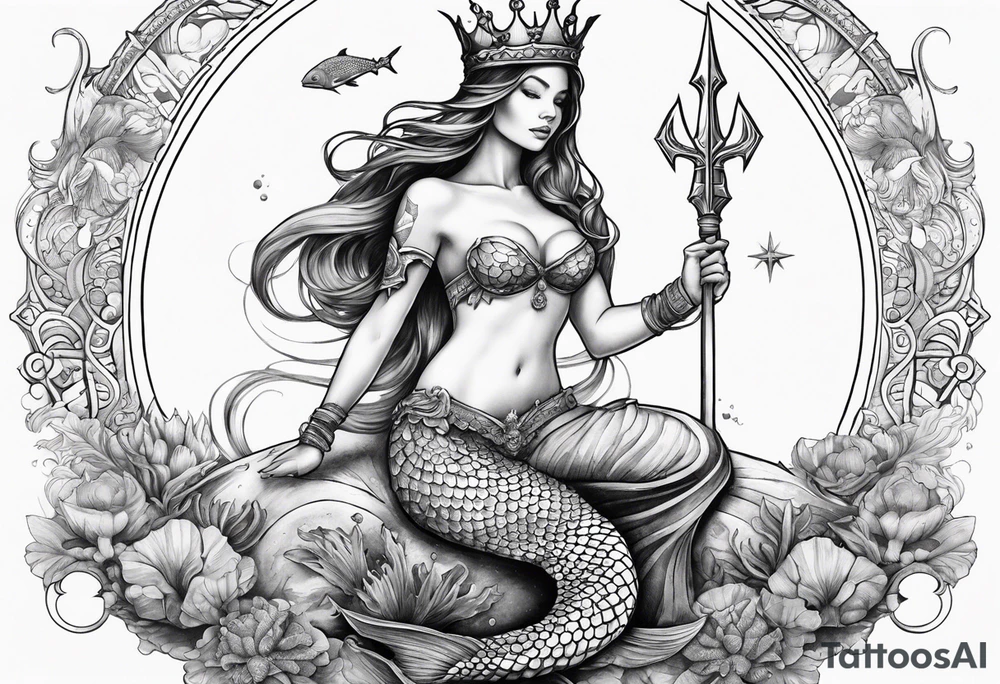 Mermaid full body holding a trident and wearing a crown, sea turtle, compass, cresent moon tattoo idea