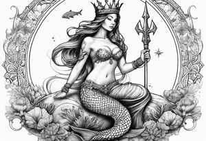 Mermaid full body holding a trident and wearing a crown, sea turtle, compass, cresent moon tattoo idea