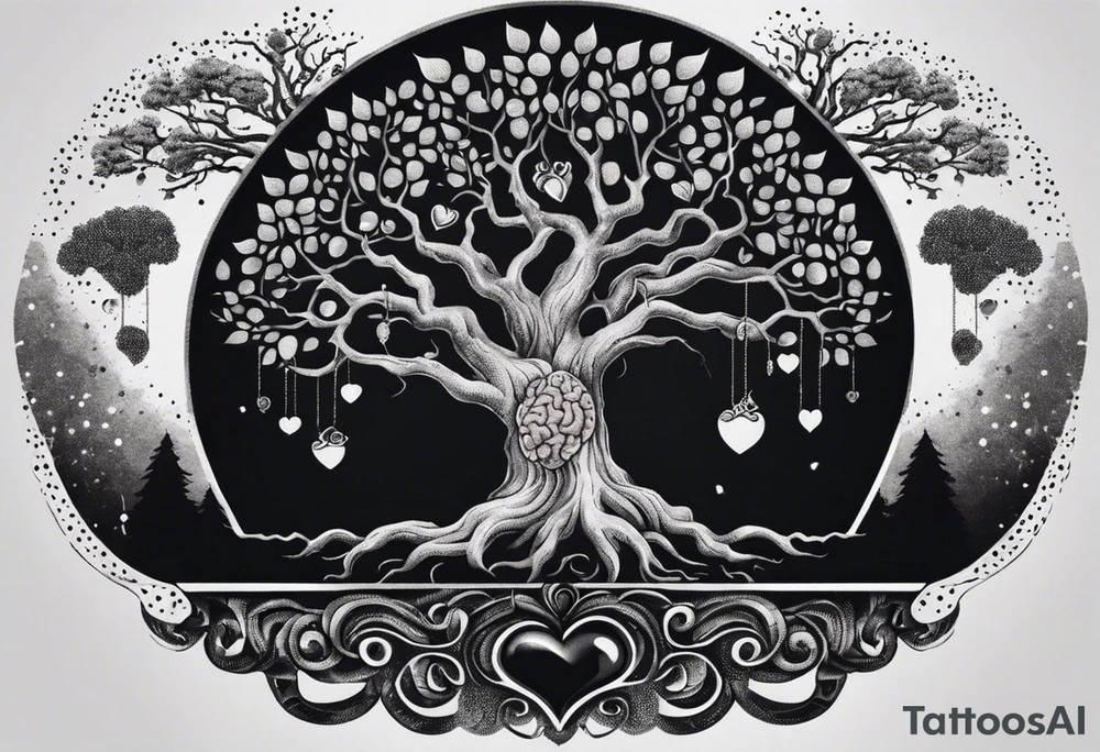 Tree with roots and a brain and heart on a scale hanging from the tree make with Greek mythology influences tattoo idea