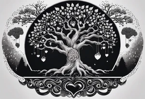 Tree with roots and a brain and heart on a scale hanging from the tree make with Greek mythology influences tattoo idea