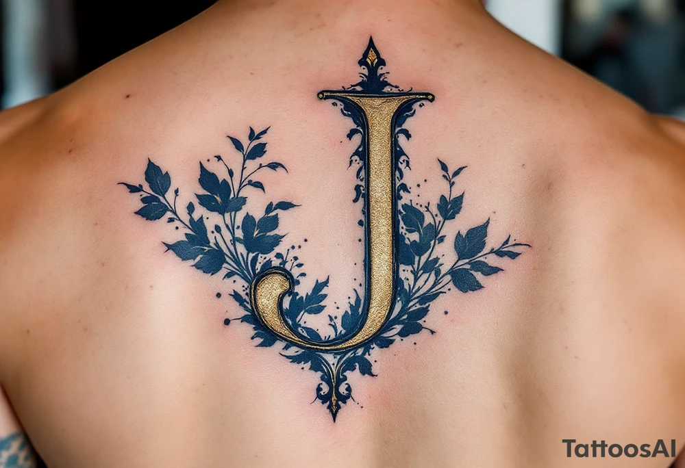 Elegant monogram-style "J" in ink-washed navy with gold leaf highlights. tattoo idea