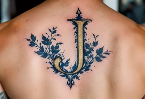 Elegant monogram-style "J" in ink-washed navy with gold leaf highlights. tattoo idea