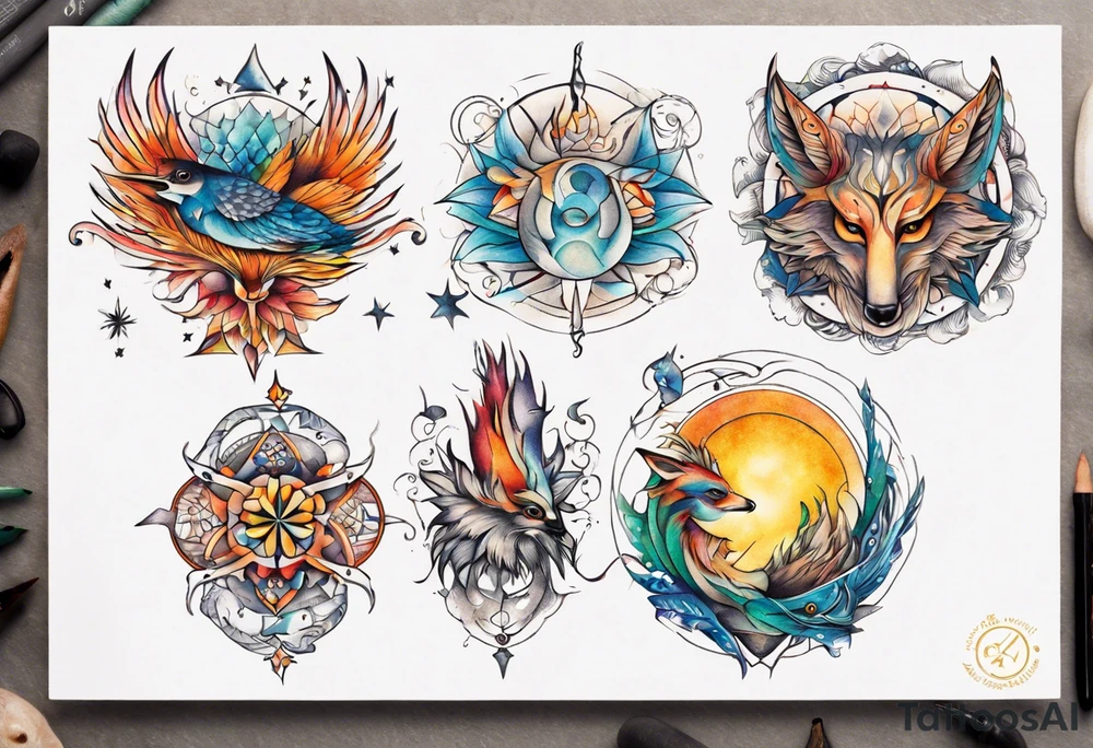 fisch, fuchs und eule , symetrie  sonne, universum, bunt, " sapere aude" tattoo idea