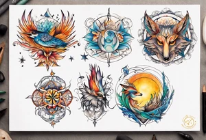 fisch, fuchs und eule , symetrie  sonne, universum, bunt, " sapere aude" tattoo idea
