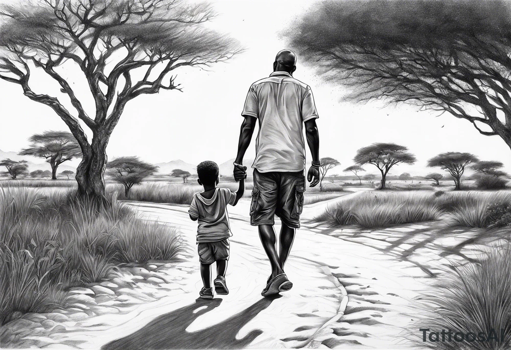 Child walking next to dad past away in Africa shape tattoo idea