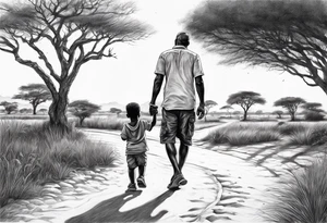 Child walking next to dad past away in Africa shape tattoo idea