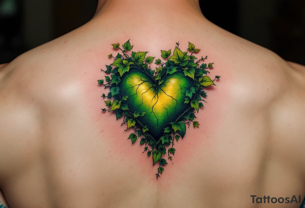 An ivy-covered heart emerging from the skin, shaded in deep emerald and gold tattoo idea