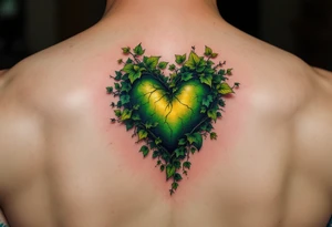 An ivy-covered heart emerging from the skin, shaded in deep emerald and gold tattoo idea