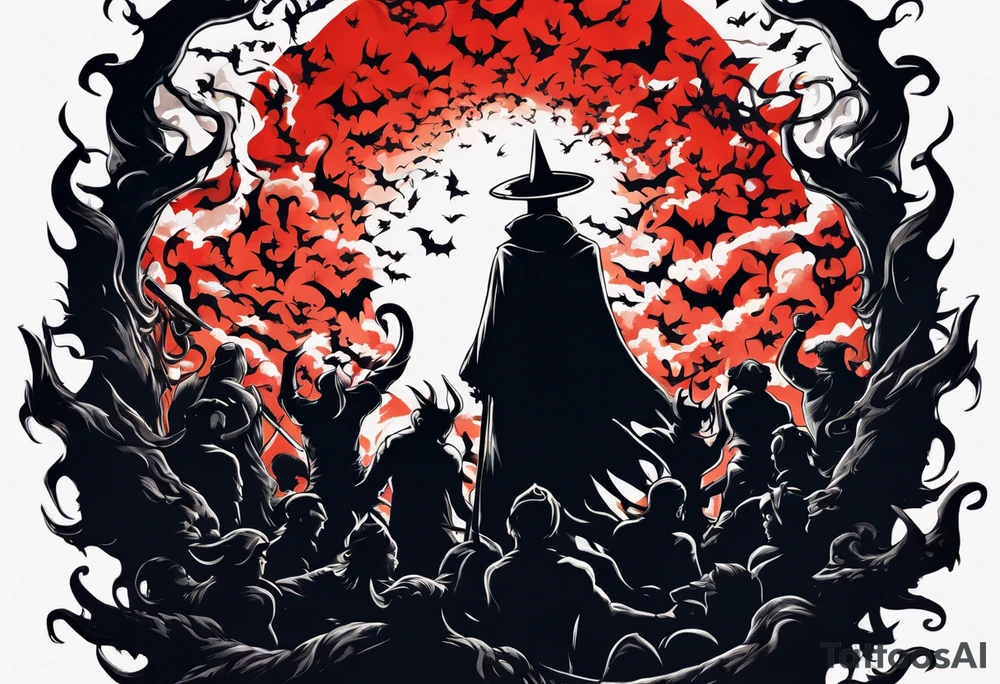 A silhouette of a person outnumbered against a vast horde of demons tattoo idea