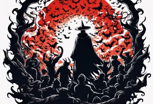 A silhouette of a person outnumbered against a vast horde of demons tattoo idea