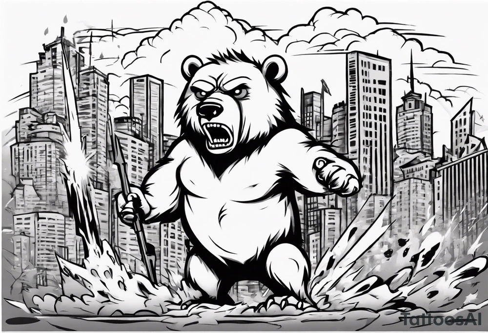 Angry bear coming up behind a city tattoo idea