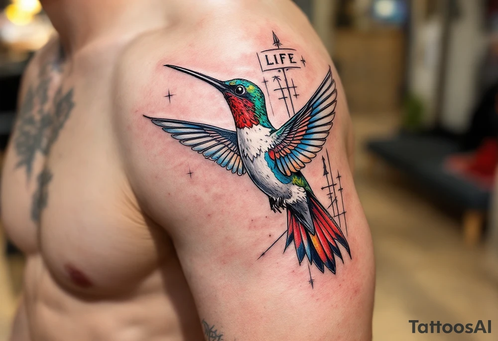 A hummingbird flying through a cartouche (Egyptian nameplate) that spells out a meaningful word like “Life” or “Strength.”(only red , blue and black are possible colors) tattoo idea