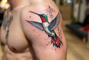 A hummingbird flying through a cartouche (Egyptian nameplate) that spells out a meaningful word like “Life” or “Strength.”(only red , blue and black are possible colors) tattoo idea