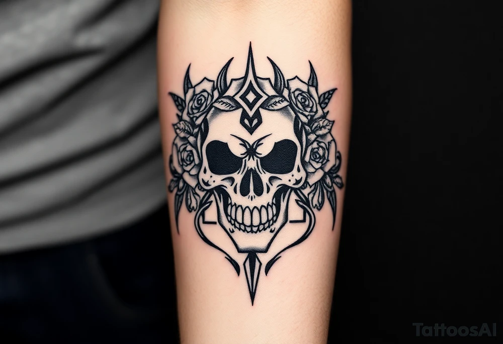 ornate skull adorned with crown of wild roses and thorns tattoo idea