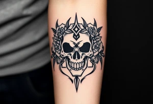 ornate skull adorned with crown of wild roses and thorns tattoo idea