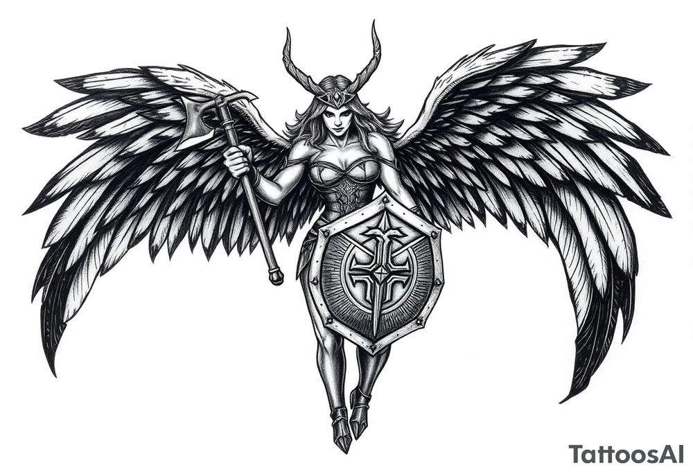 A fierce looking Valkyrie with very big dark wings. The whole body with legs should be visible. 
She's wielding a menacing axe and a sturdy shield with a vegvisir symbol. tattoo idea