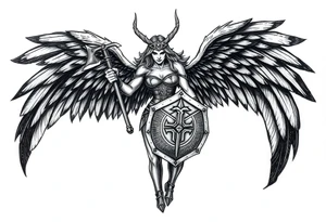 A fierce looking Valkyrie with very big dark wings. The whole body with legs should be visible. 
She's wielding a menacing axe and a sturdy shield with a vegvisir symbol. tattoo idea