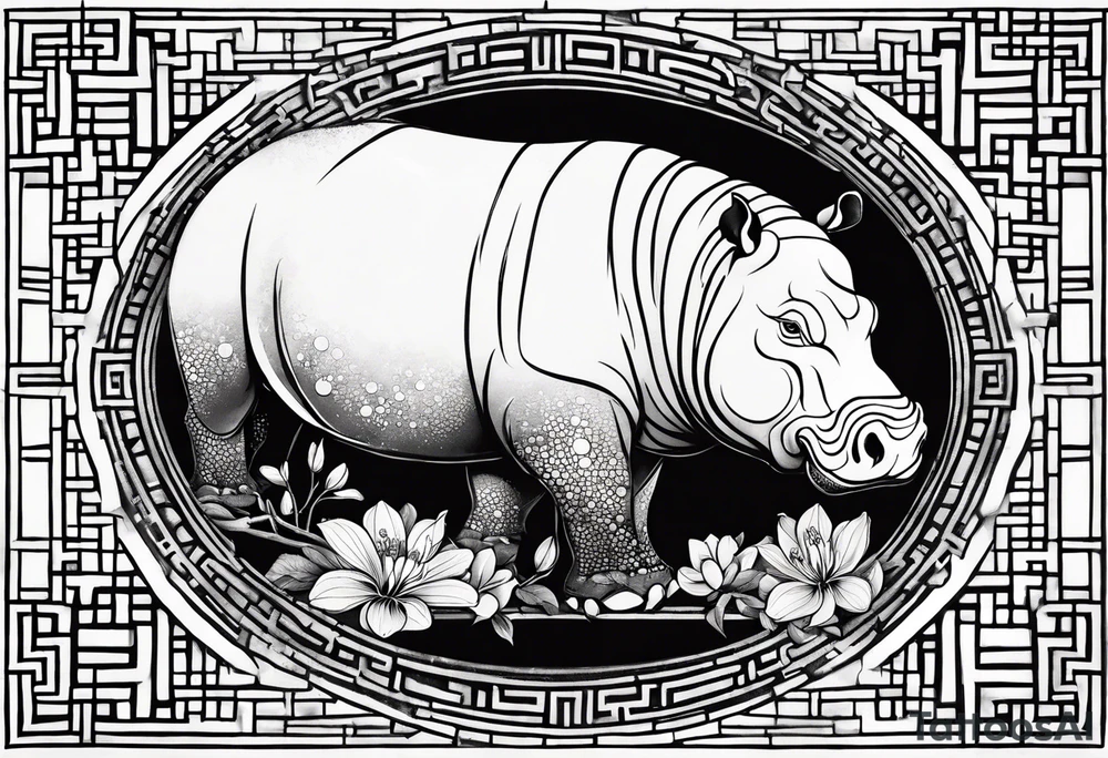 Asymmetrical, geometric, chinese ink art touch, hippo , full moon, wintersweet flower, light , modify from my favourite, free hand tattoo idea