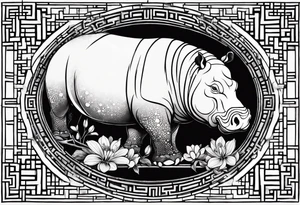 Asymmetrical, geometric, chinese ink art touch, hippo , full moon, wintersweet flower, light , modify from my favourite, free hand tattoo idea