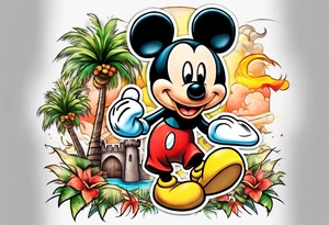 mickey mouse holding lightning with palm trees doing martial arts at the disney castle tattoo idea