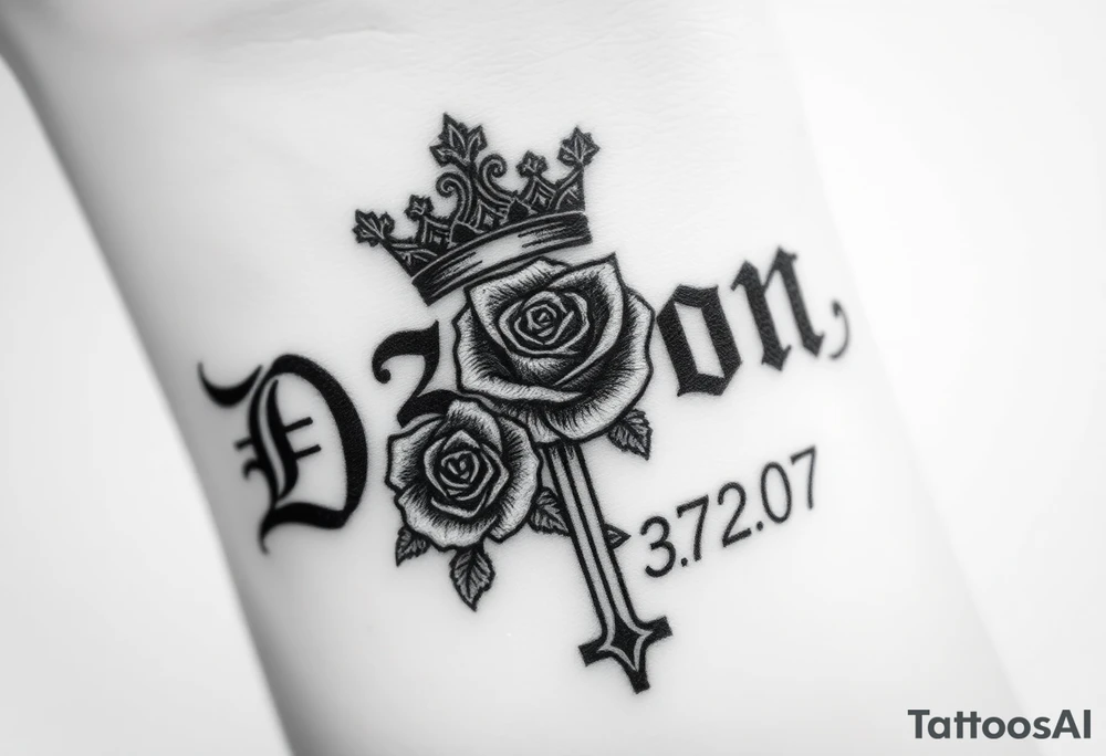 Name D3von with a crown and rose and cross and 03/27/07 tattoo idea