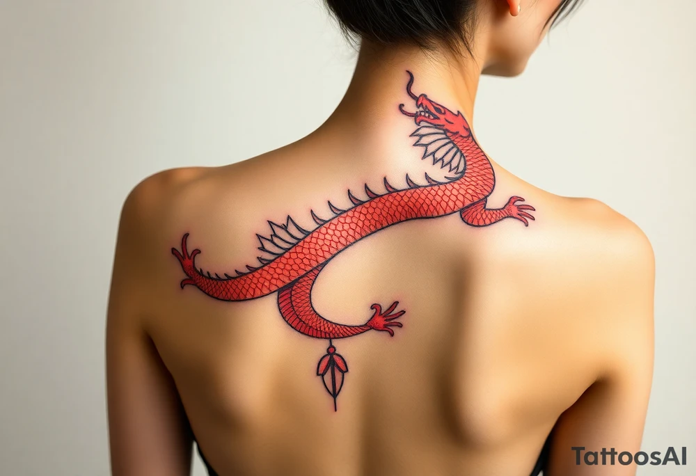 Big long red chinese dragon along spine tattoo idea