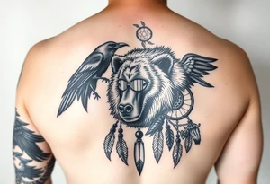Native American 3/4 sleeve with black and grey realism featuring a raven, wild horses, a grizzly with scars over his eyes, and a dream catcher tattoo idea