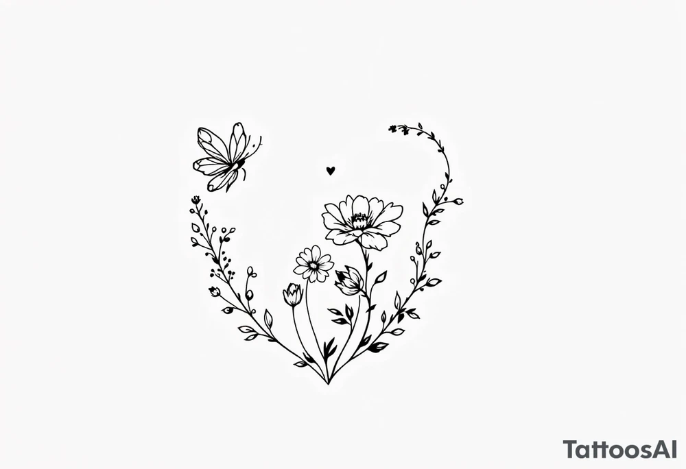 Flowers, heart and buttherfly with name Zackary and Charlie tattoo idea