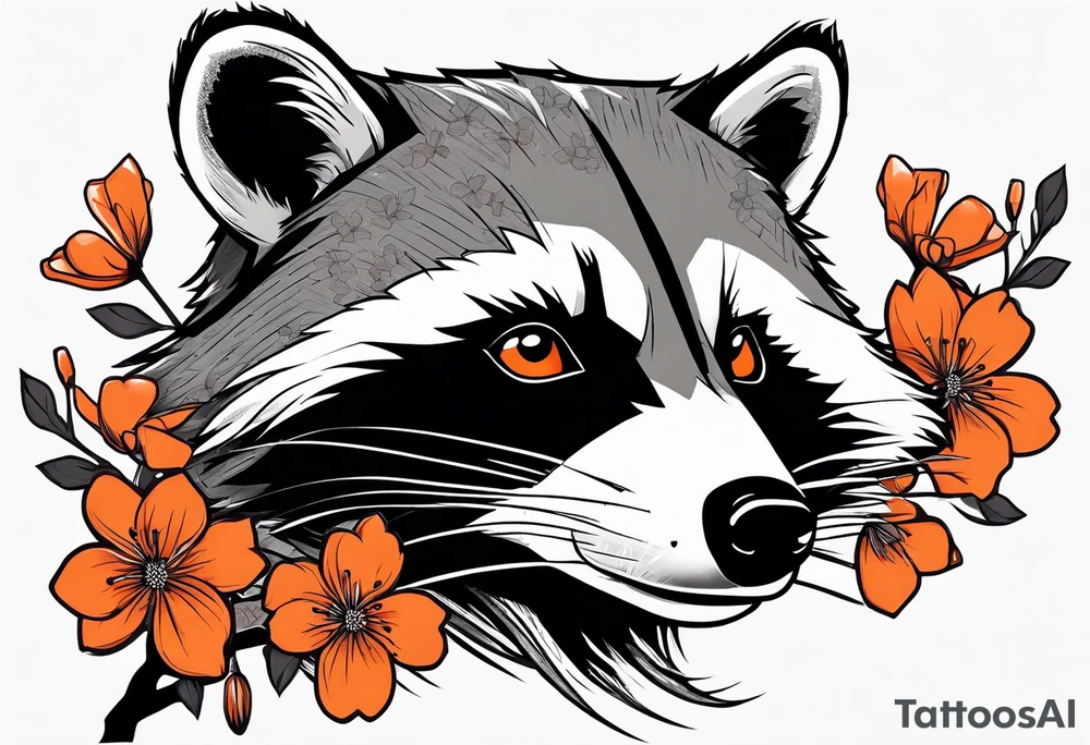 raccoon wearing a black and white Superman hoodie and orange Japanese cherry blossoms tattoo idea