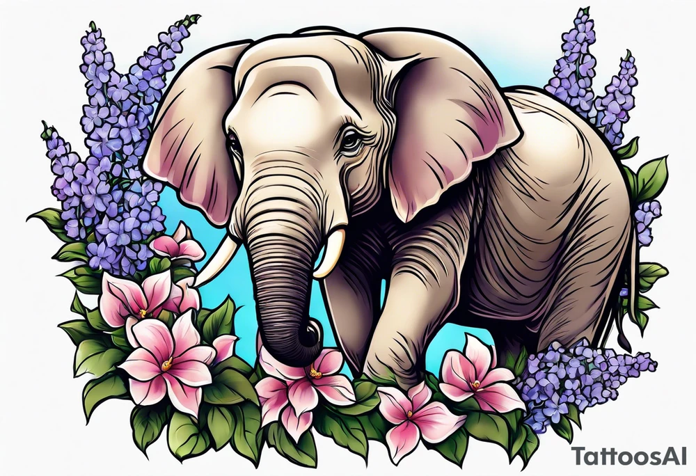 Elephant with baby Elephant holding lilacs tattoo idea