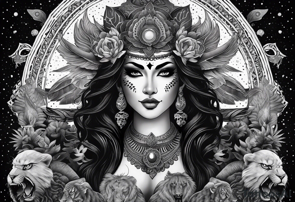 black kali, goddess pirate, alien, angel, pachamama, valkrye, warrior, flying, skull, lotus azul, wing, eagle, zenza resonance, stars, 5D, anahata chakra, death, durga, riding on a tiger, flying lady, kundalini, chest tatoo, samuri, rebel, serpent tattoo idea