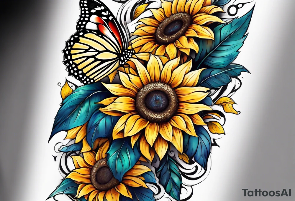 Sunflower and butterfly leg sleeve tattoo idea