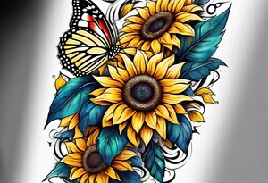 Sunflower and butterfly leg sleeve tattoo idea