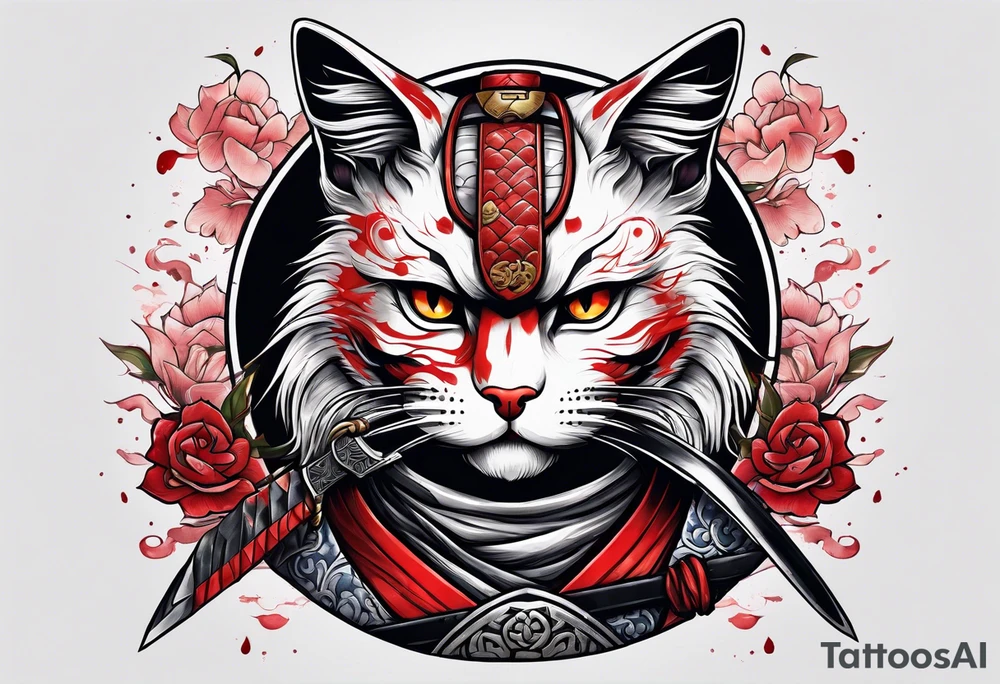 A bloody Samurai cat holding a sword tattoo idea