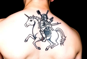 Deadpool riding unicorn holding Russian era RPG tattoo idea