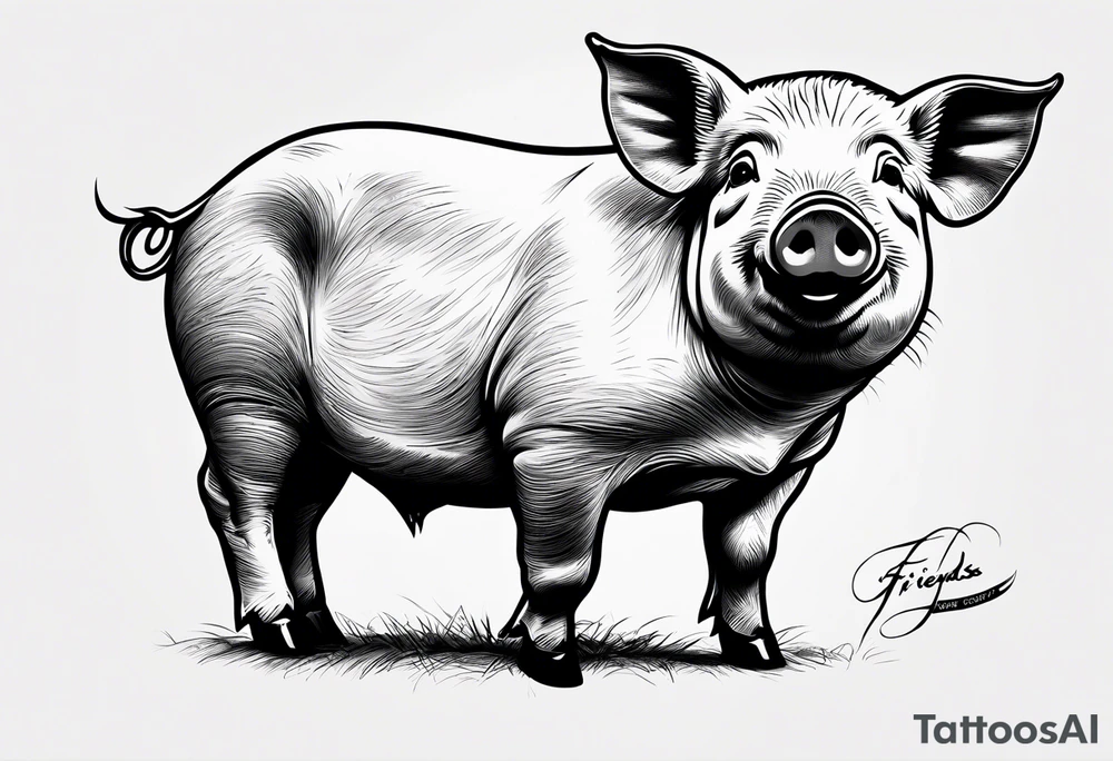 minimalist tattoo of a cute pig or piglet that contains text: "friends. not food" tattoo idea