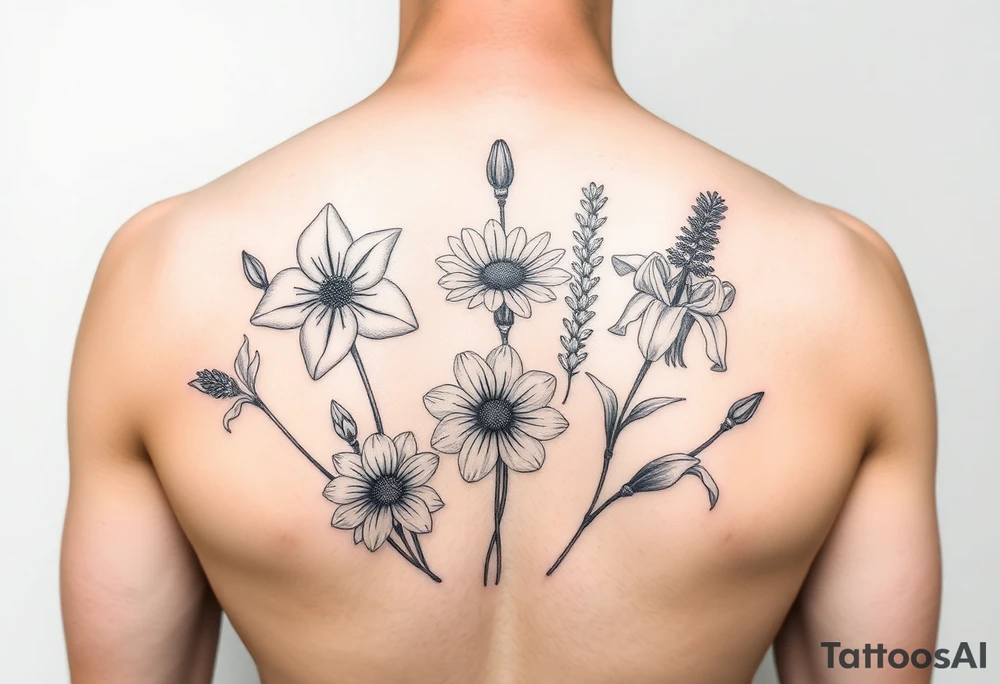 Narcissus, marigold, daisy, larkspur and gladiolus tattoo idea