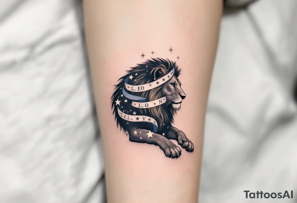 A sleek black lion stretches beneath a ribbon of Leo constellation stars in pale silver ink, draped across an ombré sky. tattoo idea