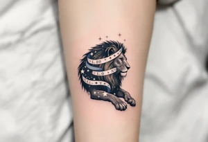 A sleek black lion stretches beneath a ribbon of Leo constellation stars in pale silver ink, draped across an ombré sky. tattoo idea